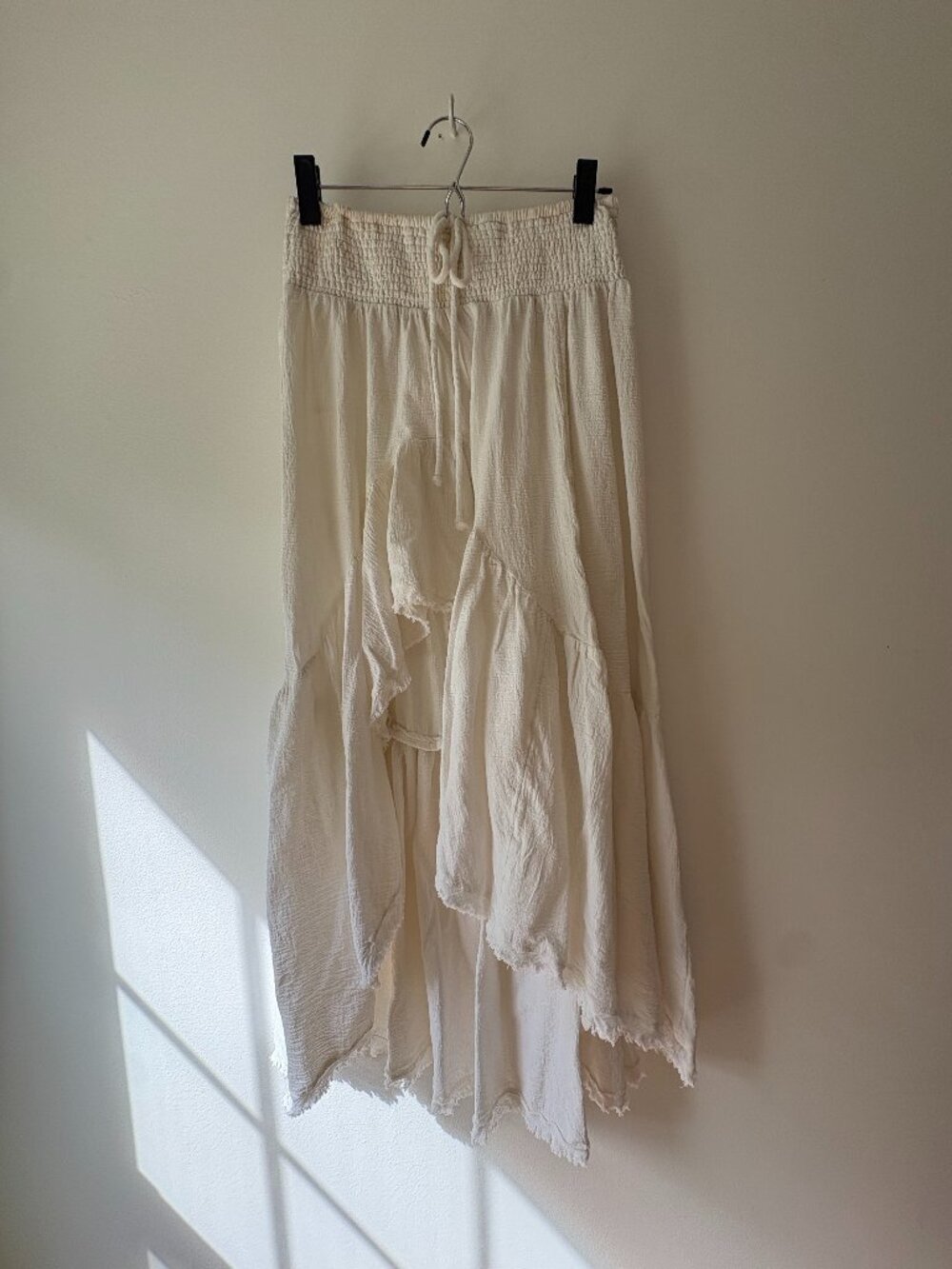 Free People Cream Textured Cotton Smocked Tiered High Low Maxi Skirt Large
